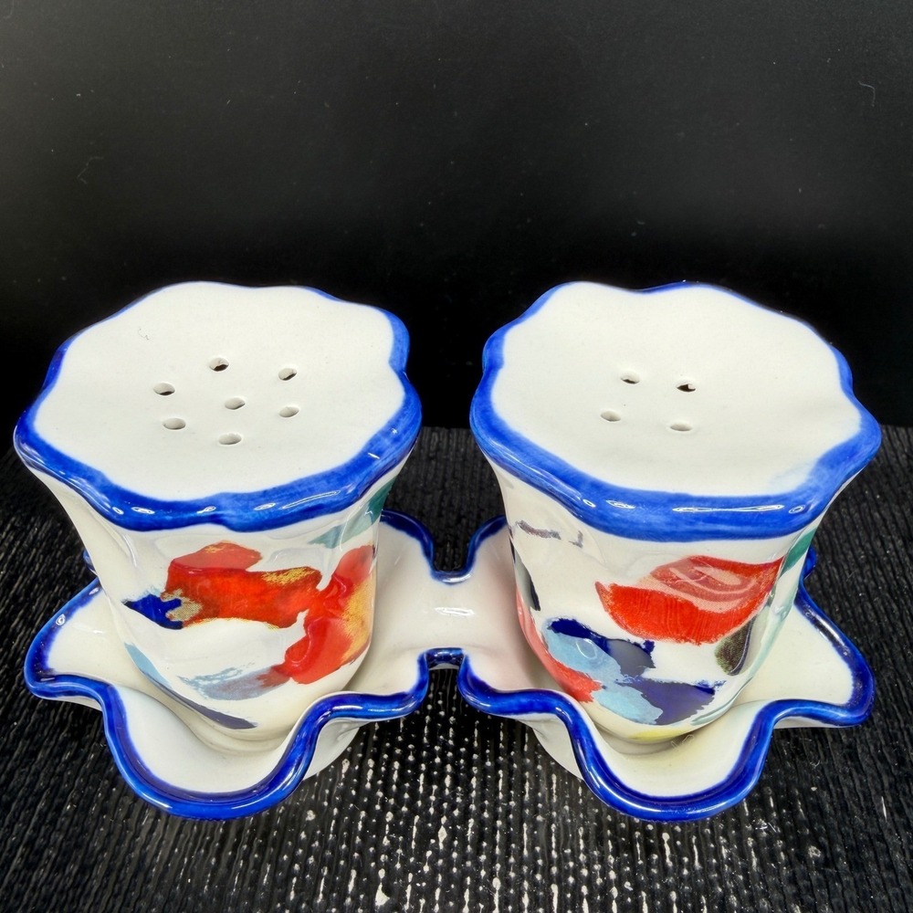 Anthropologie Luna Floral Ceramic Salt and Pepper Shaker Set with Tray New w Tag - Picture 11 of 11